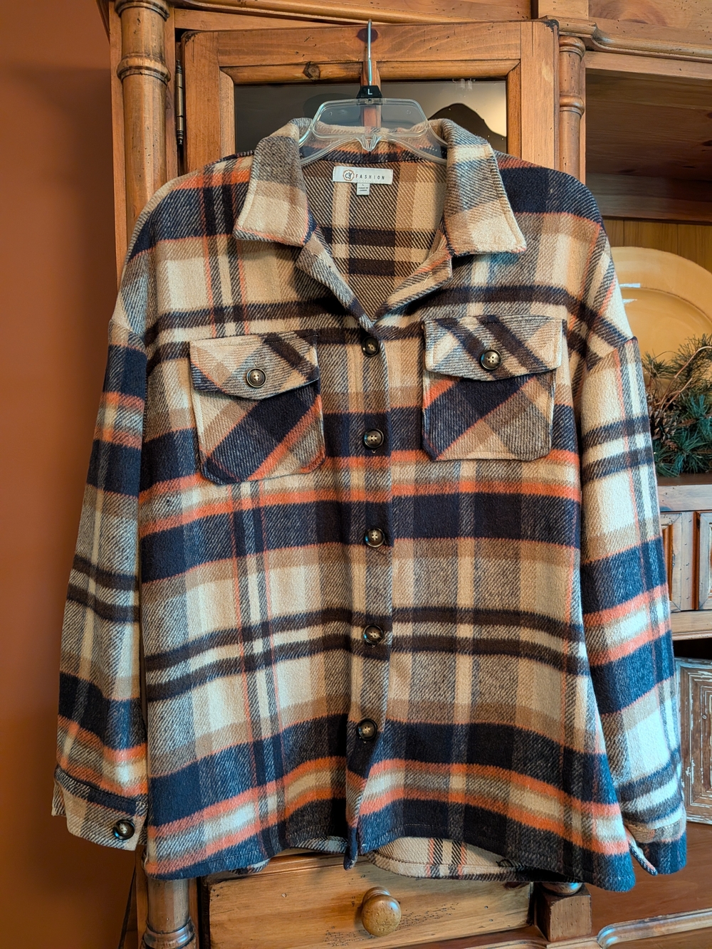 Plaid Utility Shacket in Navy, Cream & Rust